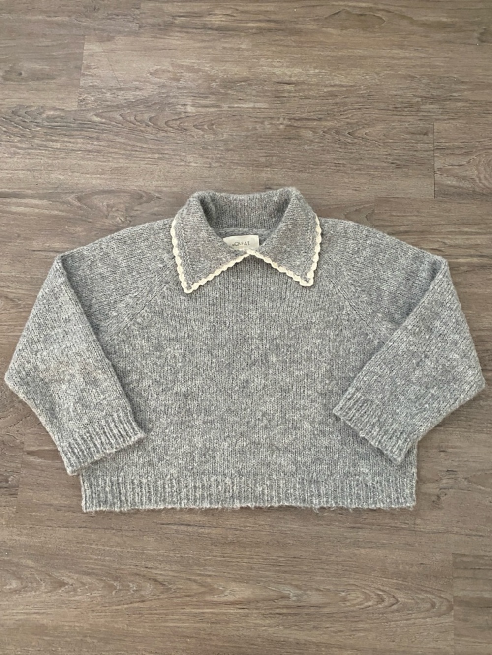 THE GREAT. Heather Grey Crochet Collar Pullover Sweater size 1, superfine Alpaca - Picture 6 of 10